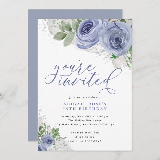 Invitation Fleurs d'aquarelle bleu et argent, vous êtes invit (Devant / Derrière)