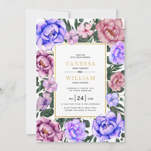 Invitation Fleurs d'aquarelle bleu et rose mariage (Devant)