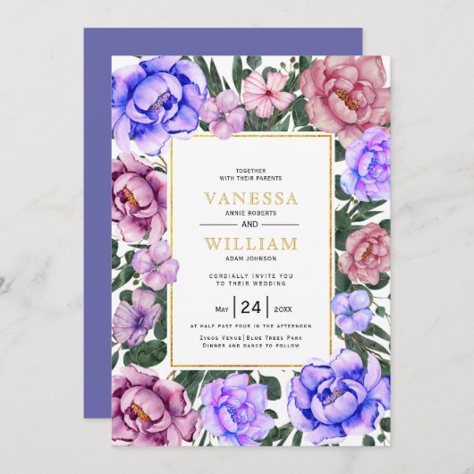 Invitation Fleurs d'aquarelle bleu et rose mariage (Devant / Derrière)