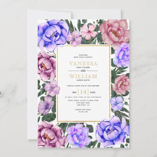 Invitation Fleurs d'aquarelle bleu et rose printemps mariage (Devant)