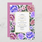 Invitation Fleurs d'aquarelle bleu et rose printemps mariage (Devant / Derrière)
