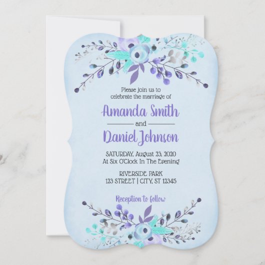 Invitation Fleurs d'aquarelle bleu et violet Roses (Devant)
