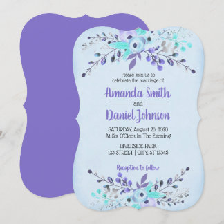 Invitation Fleurs d'aquarelle bleu et violet Roses