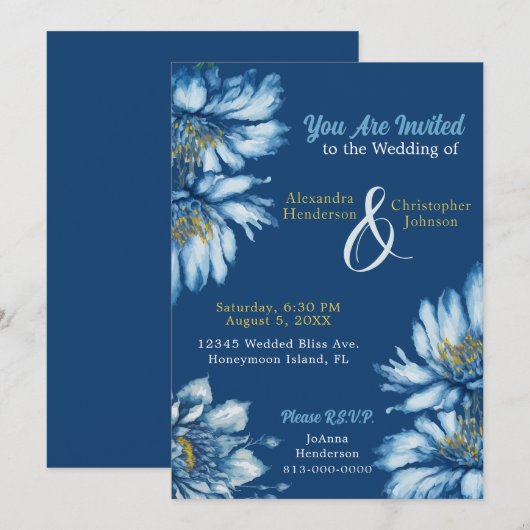 Invitation Fleurs d'aquarelle bleu floral personnalisables (Devant / Derrière)