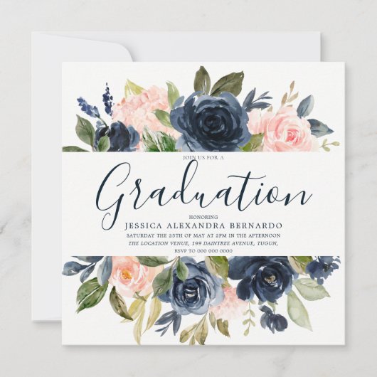 Invitation Fleurs d'aquarelle bleu marine rose (Devant)