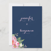 Invitation Fleurs d'aquarelle bleu marine rose Mariage (Dos)