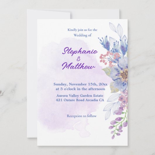 Invitation Fleurs d'aquarelle bleu pâle Mariage (Devant)