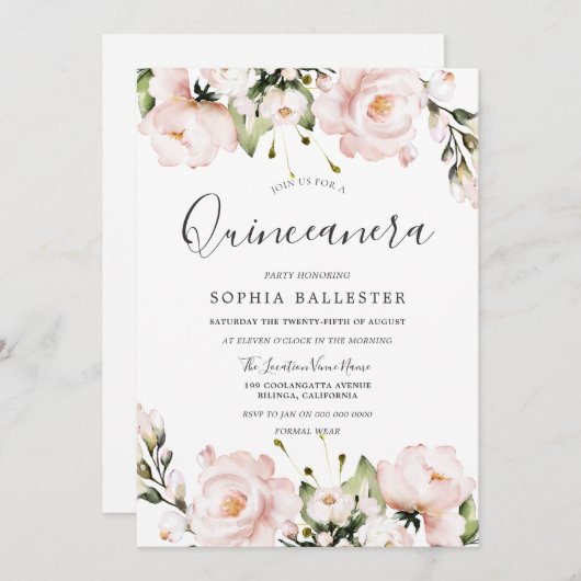 Invitation Fleurs d'aquarelle bleu Quinceanera 15e partie (Devant / Derrière)