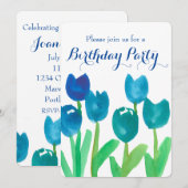 Invitation Fleurs d'aquarelle bleu Tulip 90e anniversaire (Devant / Derrière)
