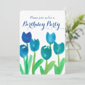 Invitation Fleurs d'aquarelle bleu Tulip 90e anniversaire (Debout devant)