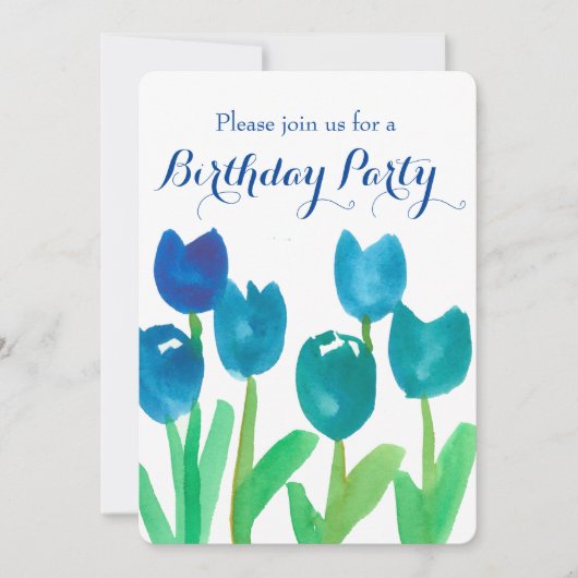 Invitation Fleurs d'aquarelle bleu Tulip 90e anniversaire (Devant)