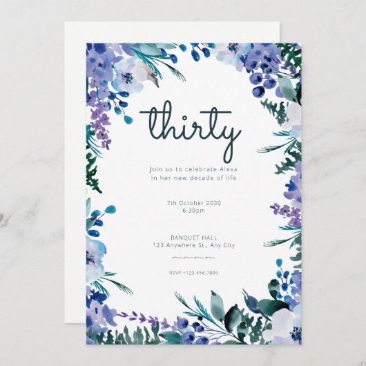 Invitation Fleurs d'aquarelle bleu violet 30e anniversaire (Devant / Derrière)