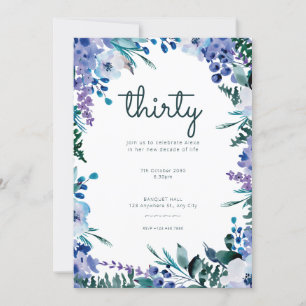 Invitation Fleurs d'aquarelle bleu violet 30e anniversaire