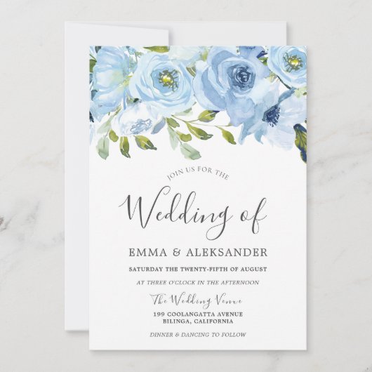 Invitation Fleurs d'aquarelle bleue Beau Mariage (Devant)