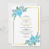 Invitation Fleurs d'aquarelle bleue, cadre doré mariage (Devant)