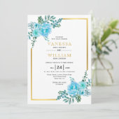 Invitation Fleurs d'aquarelle bleue, cadre doré mariage (Debout devant)