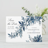 Invitation fleurs d'aquarelle bleue enregistrer la date (Debout devant)