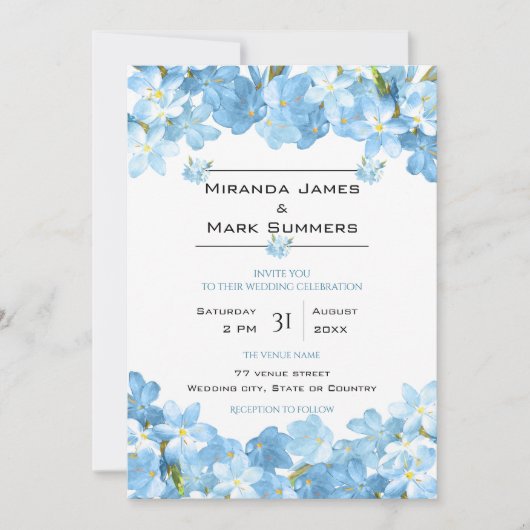 Invitation Fleurs d'aquarelle bleue Mariage élégant (Devant)