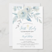 Invitation Fleurs d'aquarelle bleue première communion sainte (Devant)