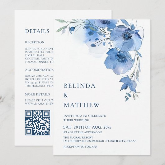 Invitation Fleurs d'aquarelle bleues sur une arche blanche (Devant / Derrière)