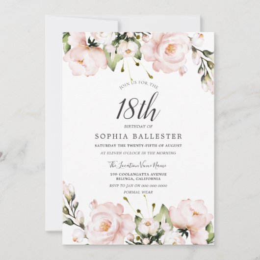 Invitation Fleurs d'aquarelle blush 18e fête d'anniversaire (Devant)