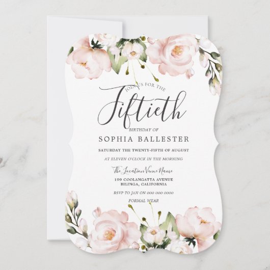Invitation Fleurs d'aquarelle blush 50e fête d'anniversaire (Devant)