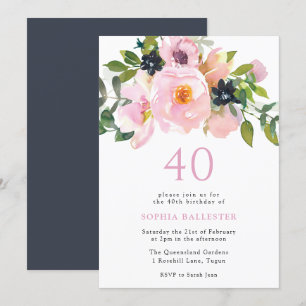 Invitation Fleurs d'aquarelle Blush de la Marine 40e fête d'a