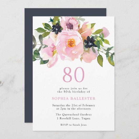 Invitation Fleurs d'aquarelle Blush de la Marine 80e fête d'a (Devant / Derrière)