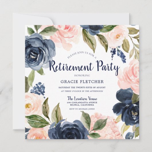 Invitation Fleurs d'aquarelle Blush de la Marine Parti de ret (Devant)