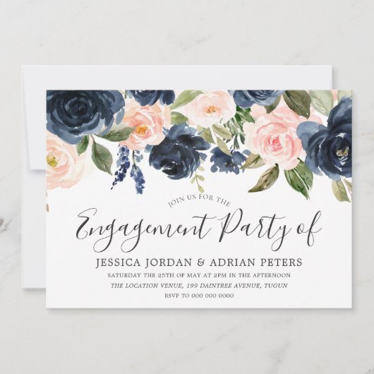 Invitation Fleurs d'aquarelle Blush & Navy (Devant)