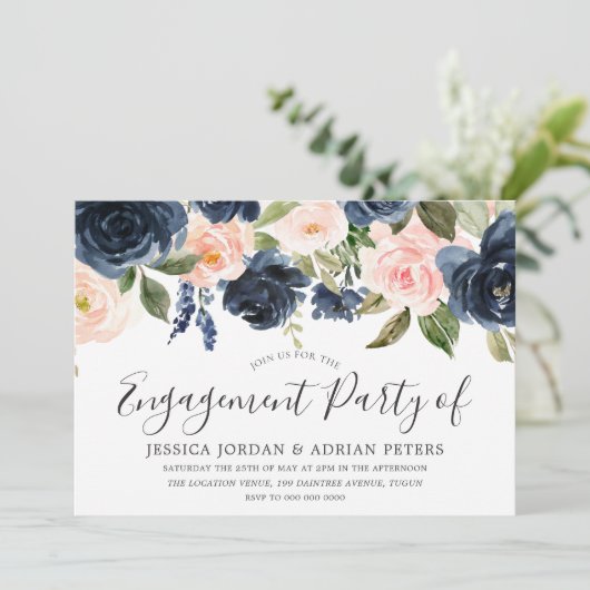 Invitation Fleurs d'aquarelle Blush & Navy (Debout devant)
