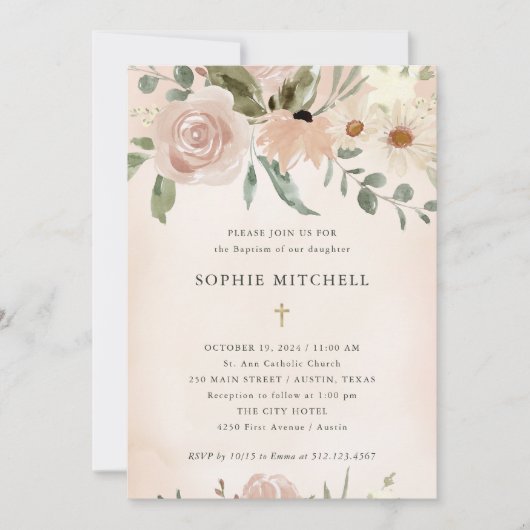 Invitation Fleurs d'aquarelle Boho Blush simples | Baptême (Devant)