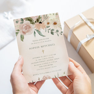 Invitation Fleurs d'aquarelle Boho Blush simples   Baptême
