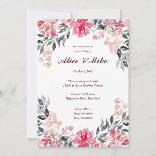 Invitation Fleurs d'aquarelle botanique rose et gris Invitat (Devant)