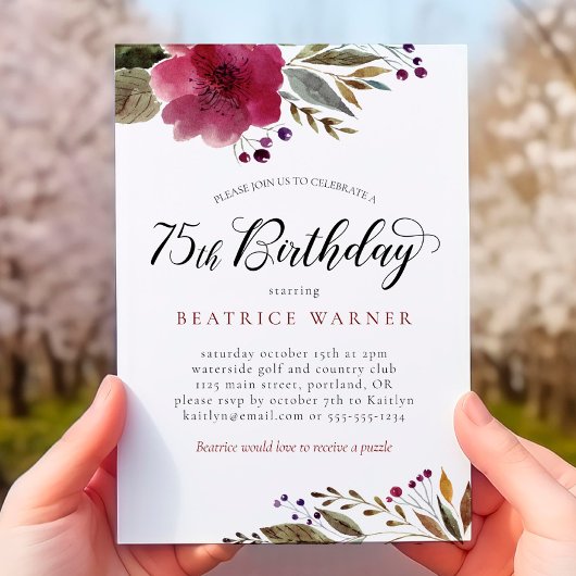 Invitation Fleurs d'aquarelle Bourgogne 75e anniversaire