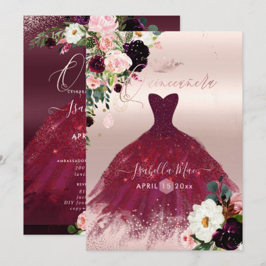 Invitation Fleurs d'aquarelle Bourgogne rousse de Quinceanera (Devant / Derrière)