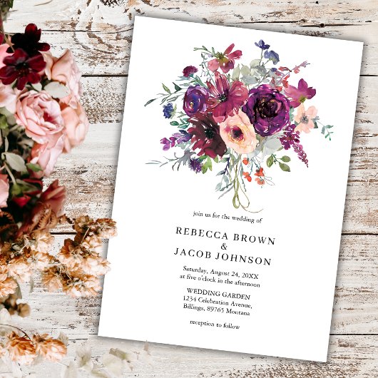 Invitation Fleurs d'aquarelle Bourgogne Simple Mariage rustiq