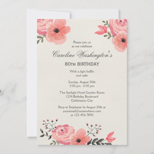 Invitation Fleurs d'aquarelle chic 80e anniversaire (Dos)