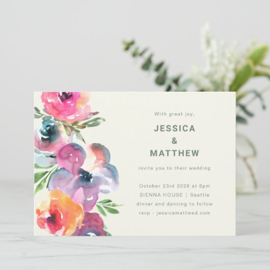 Invitation Fleurs d'aquarelle colorées Boho Mariage simple (Debout devant)