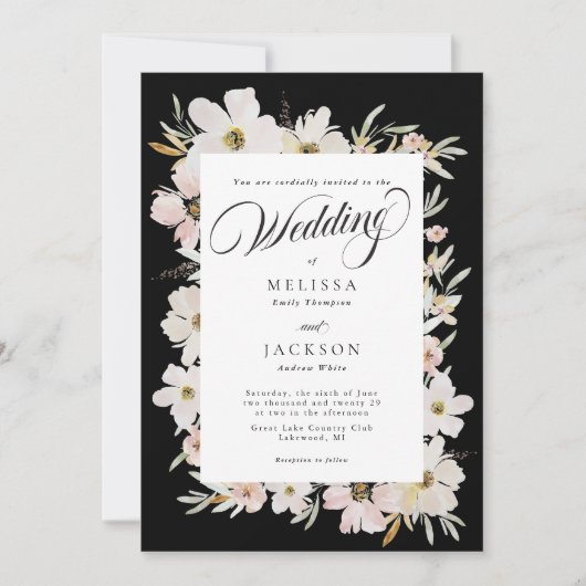 Invitation Fleurs d'aquarelle crème et bleu Mariage noir (Devant)