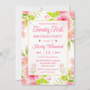 Invitation Fleurs d'aquarelle Dahlia Peony rose 21e anniversa