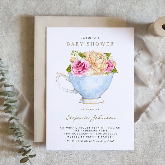 Invitation Fleurs d'aquarelle dans le Baby shower Teacup