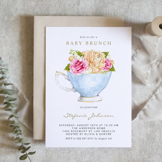 Invitation Fleurs d'aquarelle dans Teacup Baby Brunch