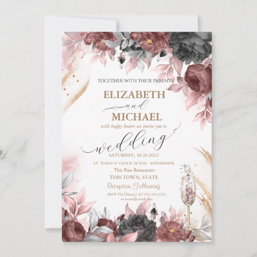 Invitation Fleurs d'aquarelle d'automne Mariage de verre de c (Devant)