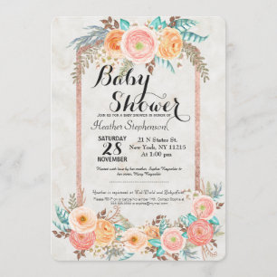 Invitation Fleurs d'aquarelle de corail et Baby shower d'or
