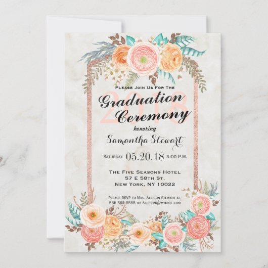 Invitation Fleurs d'aquarelle de corail et graduation d'or (Devant)