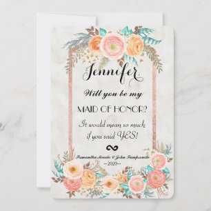Invitation Fleurs d'aquarelle de corail et serveuse d'honneur