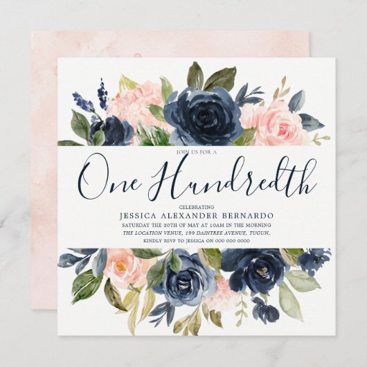 Invitation Fleurs d'aquarelle de la Marine rose 100e fête d'a (Devant / Derrière)