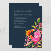 Invitation Fleurs d'aquarelle de marine rose orange Mariage m (Devant / Derrière)