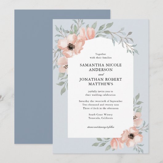 Invitation Fleurs d'aquarelle de pêche Mariage bleu foncé (Devant / Derrière)